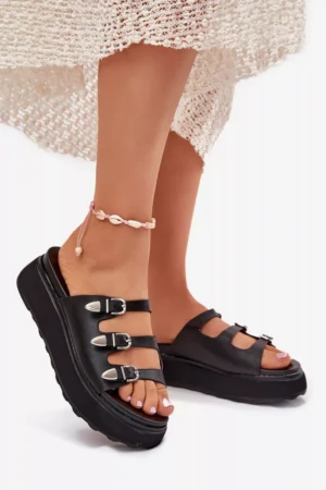 Sieviešu platforma čības ar siksnām melnā krāsā Nimiotte