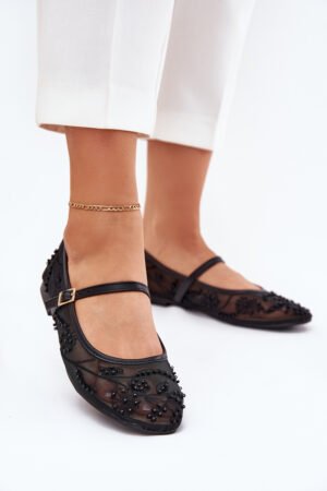 Tīkla baleta kurpes ar izšuvumu un rotājumiem, melnas Tillilora