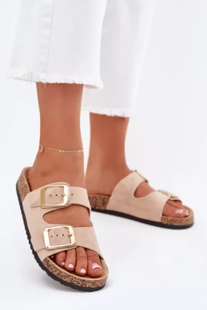 Sieviešu čības no ekoloģiskā zamšāda ar zelta sprādzēm, smilškrāsas Vorella