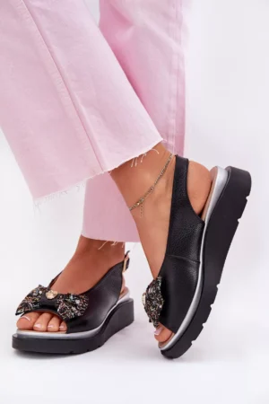 Sieviešu ādas sandales ar papēdi un lenti Zazoo 1882 melnas