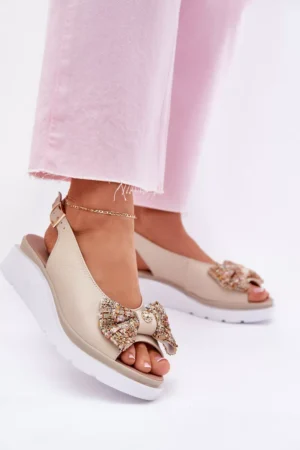 Sieviešu ādas sandales ar papēdi un lenti, smilškrāsas Zazoo 1882