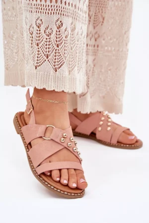 Sieviešu plakanas papēžu sandales ar zelta kniedēm, rozā krāsā Zanira