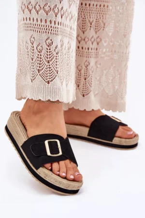 Sieviešu platforma sandales ar zelta sprādzi melnā krāsā Selira