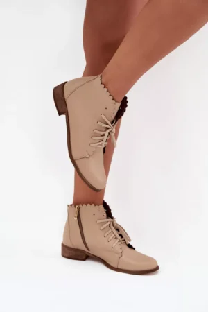 Ādas potītes zābaki ar plakanu papēdi, smilškrāsas Zazoo 2964