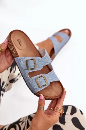 Sieviešu čības uz korķa platformas ar sprādzēm, gaiši džinsu krāsā Vesina