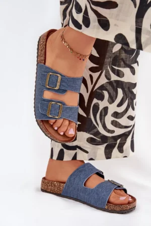 Sieviešu čības uz korķa platformas ar sprādzēm Tumši džinsi Vesina