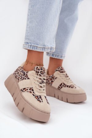 Sieviešu zābaki no zamšādas ar izolāciju uz platformai Vinceza 66841 Leopard Beige