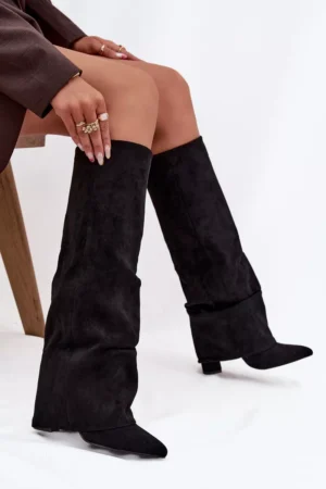 Siltināti sieviešu zābaki ar pagrieztu kātu uz papēža Eco Suede Black Elivira