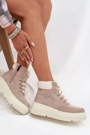 Ziemas zābaki sievietēm no zamšādas ar kažokādas oderi uz platforma Vinceza 95354 smilškrāsas