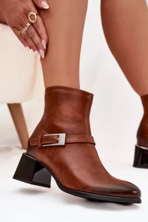 Ādas sieviešu potītes zābaki ar sprādzi Zazoo 60562 Brūni