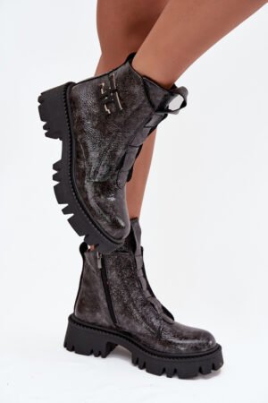 Ādas patentētas sieviešu zābaki ar dekoratīviem elementiem, siltināti Artiker 57C2081 Graphite