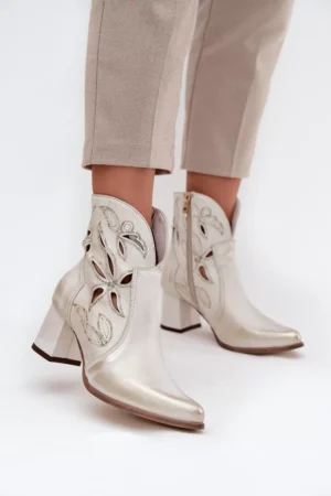 Ādas sieviešu potītes zābaki ar papēdi Zazoo 3647 Zelta krāsā