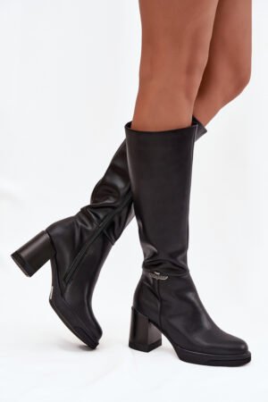 Sieviešu musketieru zābaki no dabīgās ādas ar sildāmu papēdi Vinceza 66826 Melni