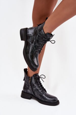 Lakādas ādas sieviešu kurpes ar platām papēdēm D&A; LZ52-954 Tumši zils