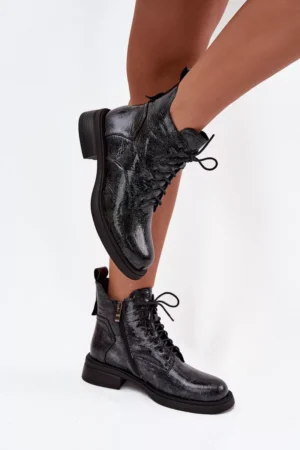 Lakādas ādas sieviešu kurpes ar platām papēdēm D&A; LZ52-954 Tumši zils