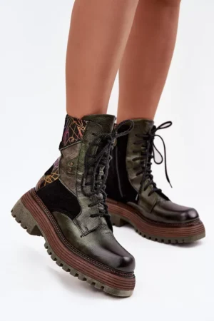 Ādas sieviešu darba apavi uz platformas Maciejka 07104-09 Tumši zaļi