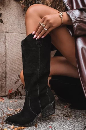 Ādas zamšādas kovboju zābaki sievietēm, siltināti, melni, Urselle