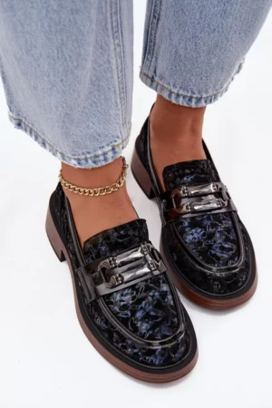 Ādas zamšādas sieviešu mokasīni ar unikālu detaļu D&A; MR52-178 Melna