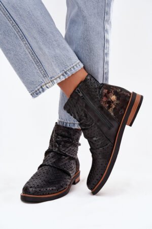 Ādas potītes zābaki ar perforētu rakstu Maciejka 05922-01 Melni