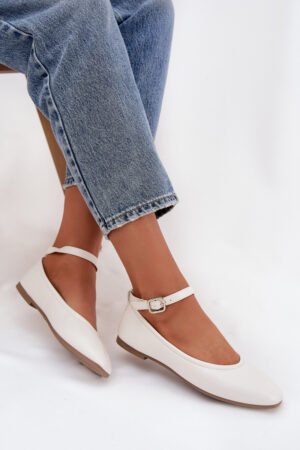 Sieviešu balerīnas ar siksnu un aizdari, baltas Janelor