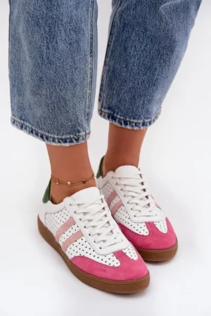 Perforēti sieviešu ādas sporta apavi Zazoo N1318 Balts-Rozā