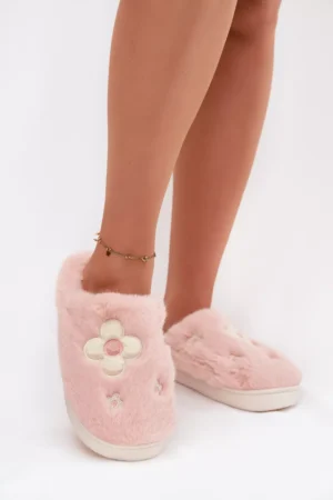 Pūkainas čības ar ziediem, rozā krāsā Selinne