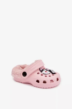 Putuplasta bērnu čības ar siltu kažokādu un sprādzēm, rozā krāsā Cerelle