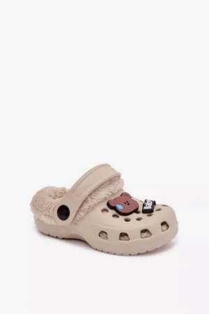 Putuplasta bērnu čības ar kažokādas odere un sprādzēm, khaki krāsā, Cerelle