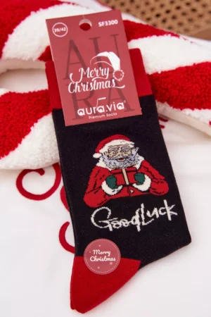 Vīriešu Ziemassvētku zeķes ar uzrakstu un smaidošo Santa Black