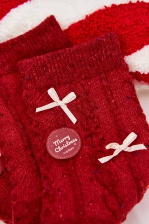 Sieviešu Ziemassvētku zeķes ar lentes rotājumiem no alpaka vilnas, sarkanas