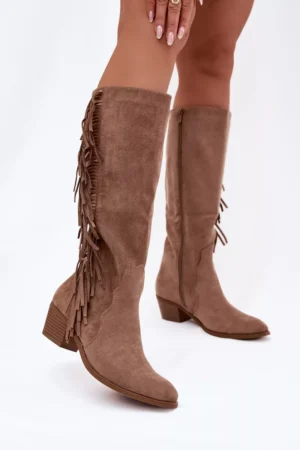 Sieviešu kovboju zābaki ar papēžiem un apakšmalām, odere khaki krāsā Firlina