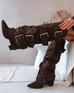 Sieviešu augstpapēžu zābaki ar pagrieztu augšdaļu un zelta skavām Eco Suede Chocolate Isavelle