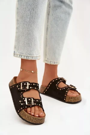 Sieviešu čības ar zelta klipsiem un kniedēm, melnas, Tervina