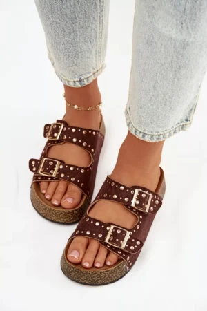 Sieviešu čības ar zelta sprādzēm un pogām, brūnas, Tervina