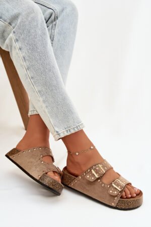 Sieviešu sandales ar zelta sprādzēm un kniedēm, khaki krāsā, Tervina