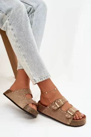 Sieviešu sandales ar zelta sprādzēm un kniedēm, khaki krāsā, Tervina