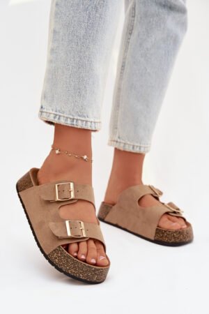 Sieviešu kurpes uz korķa platformas ar zelta sprādzēm Tumši smilškrāsas Tovessa