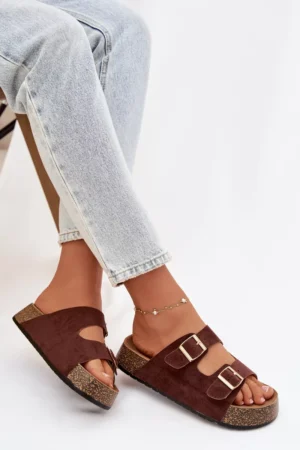 Sieviešu čības uz korķa platformas ar zelta skavām Tovessa