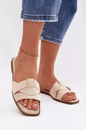 Sieviešu plakanās sandales ar siksnām Eco Suede gaiši smilškrāsas Florane