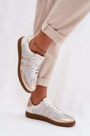 Perforēti sieviešu sporta apavi no ādas Zazoo N1318 sudraba-zelta krāsā