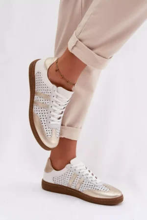 Perforēti sieviešu sporta apavi no ādas Zazoo N1318 sudraba-zelta krāsā