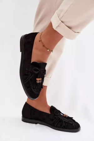 Sieviešu mokasīni ar bārkstīm un pērlītēm, melni Teressa