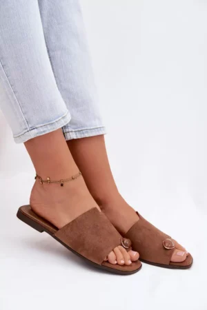 Sieviešu plakanas dekorētas ekoloģiskās zamšādas brūnas šļūtenes Selavine