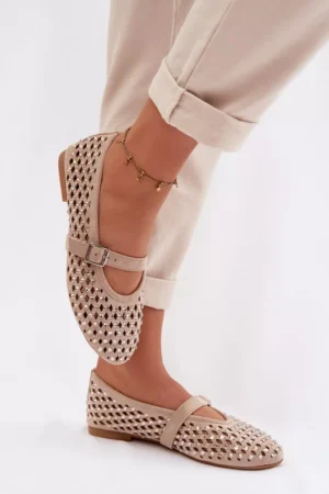 Sieviešu mežģīņu balerīnas ar rhinestones un siksniņām Bežowe Wilvessa