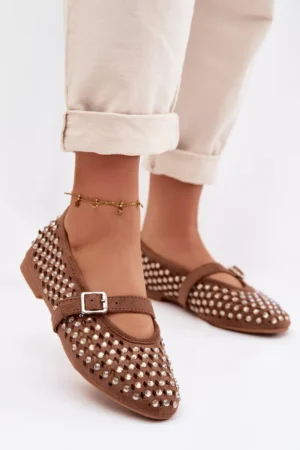 Sieviešu atvērtas balerīnas ar rhinestones un siksnu brūnas Wilvessa