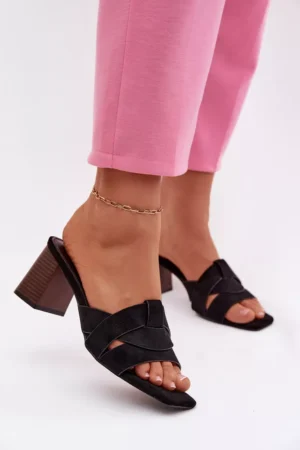 Sieviešu sandales ar platām papēžiem un siksnām, ekoloģiskais zamšāda, melna, Corivelle