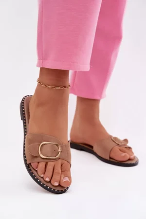 Sieviešu plakanas papēžu sandales ar zelta sprādzi Camel Selivelle