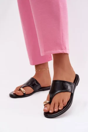 Sieviešu plakanas ekoloģiskās ādas sandales ar zelta detaļām, melnas Lavessa