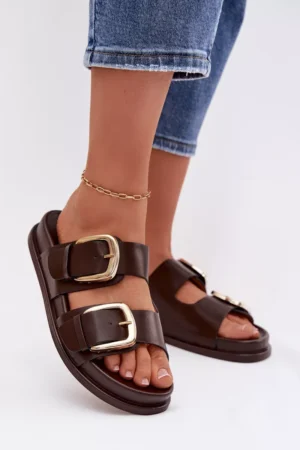 Sieviešu ekoloģiskās ādas čības ar zelta sprādzēm, šokolādes krāsā, Tervessa