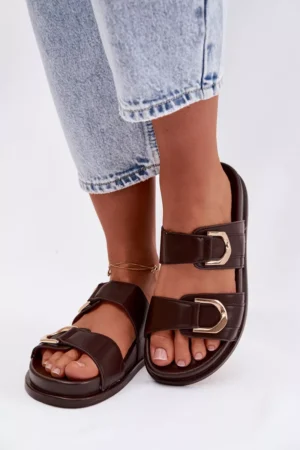 Eco ādas sieviešu čības ar siksnām, šokolādes krāsā Rosinessa